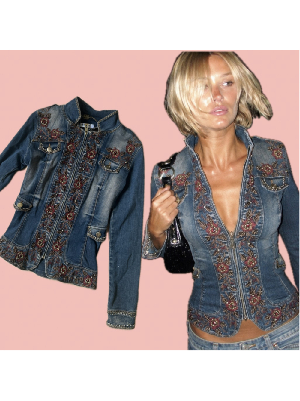 Vintage Vitrin Design Embroidered Denim Jacket Size Small Y2K